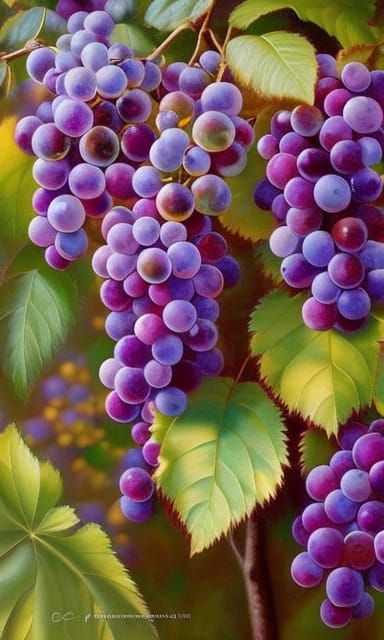 Hyperrealistic Grapes on Vine in Sunlight Painting