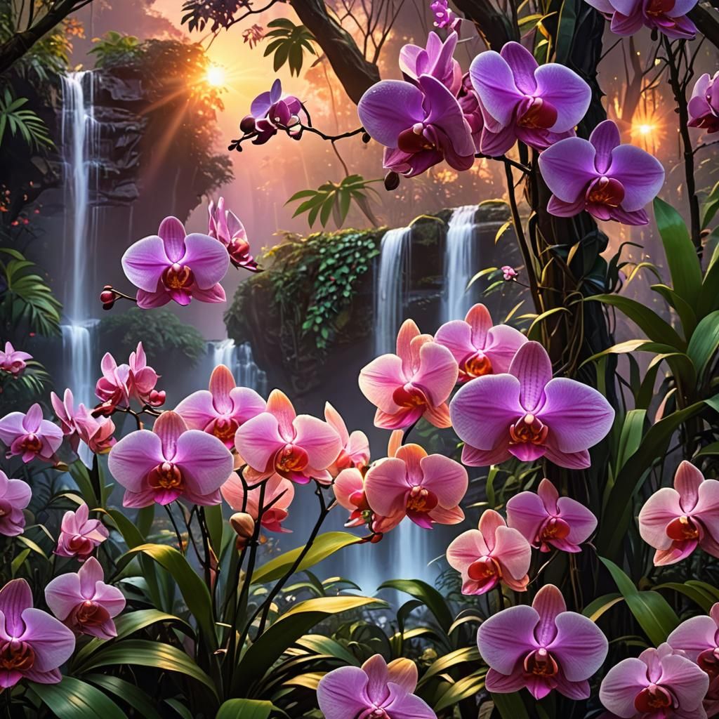 Orchids in a Photorealistic Tropical Rainforest Sunset