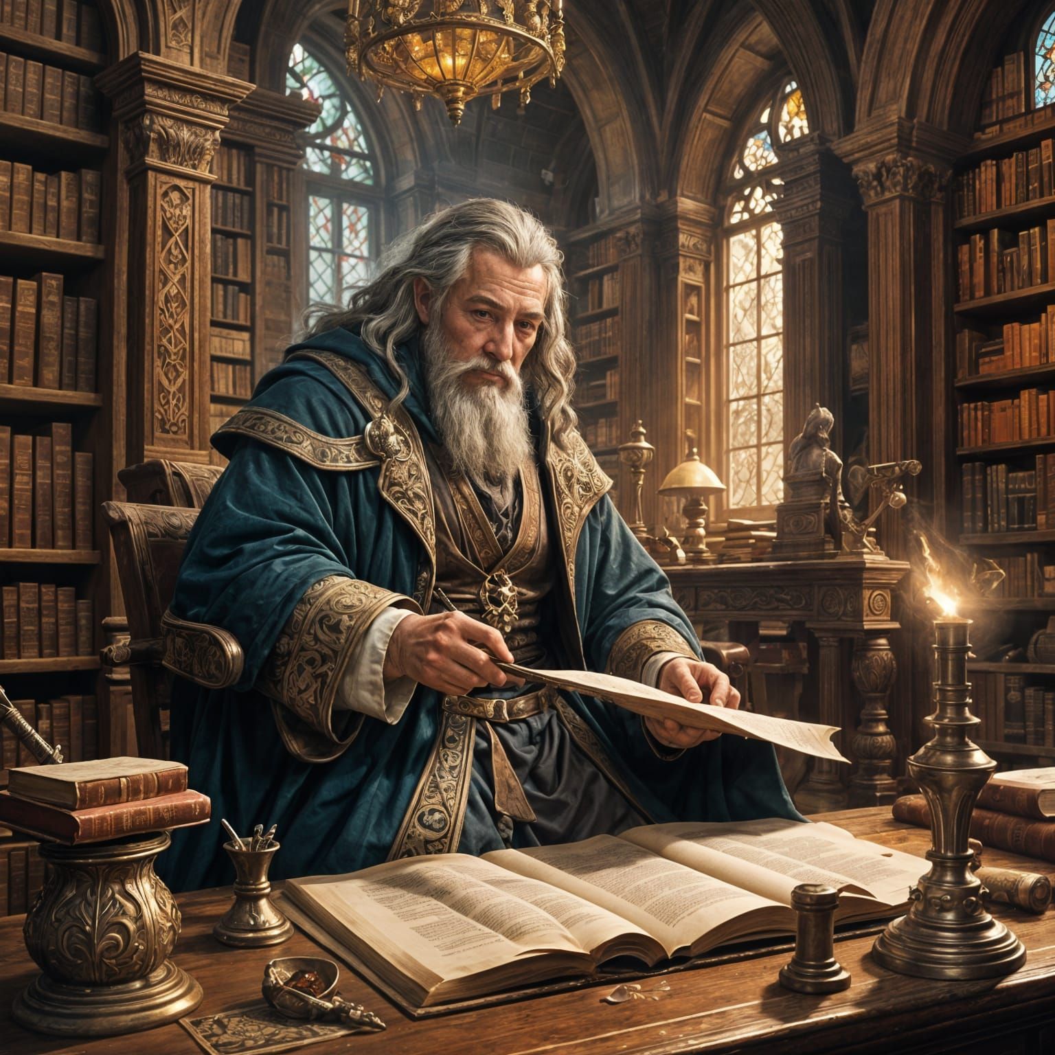 Medieval Scholar Writing Scroll: Hyperdetailed Portrait