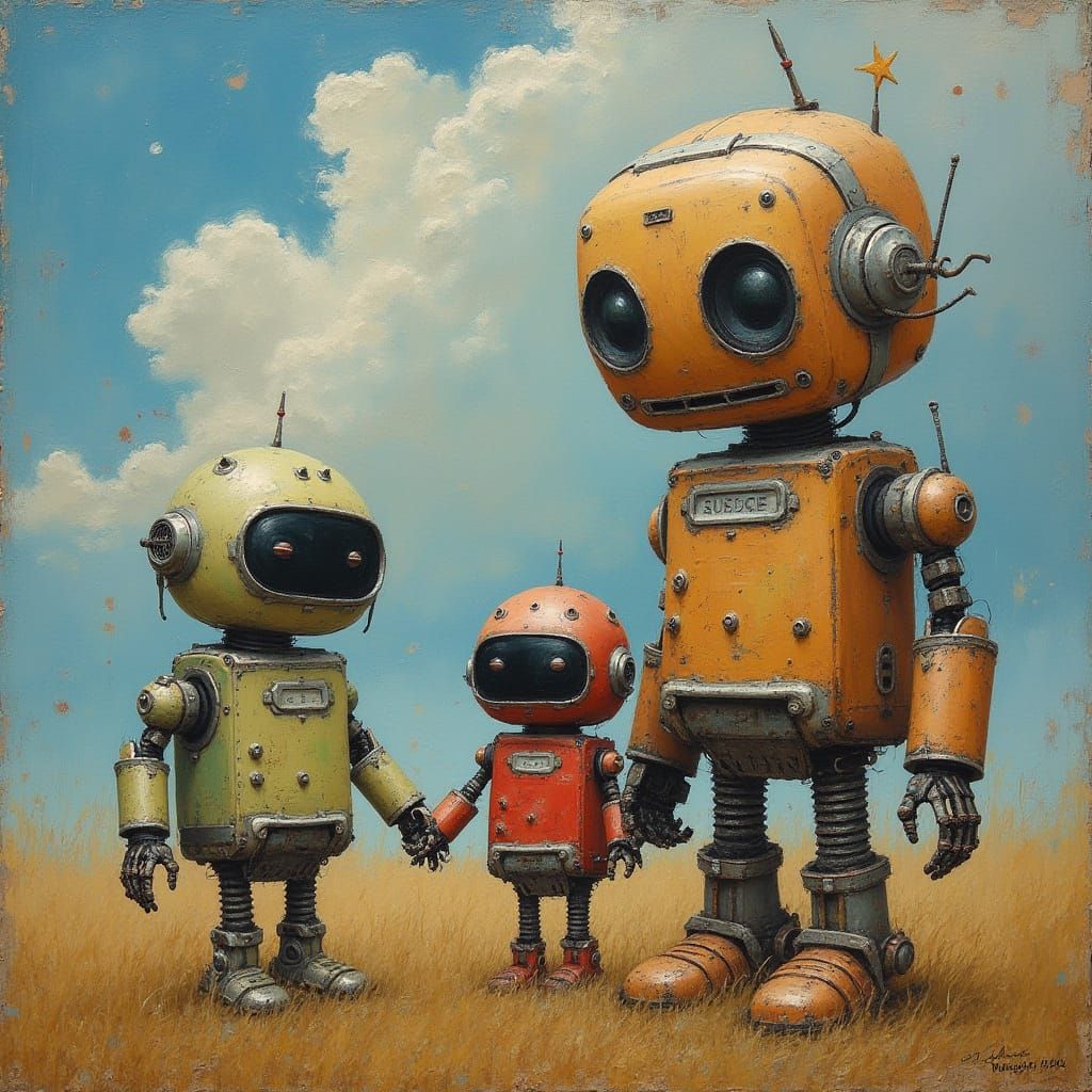 Robot Family as Impasto Oil Painting