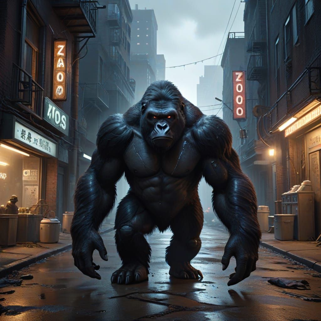 Mutated Gorilla and Teapot Escape Grimy Cityscape