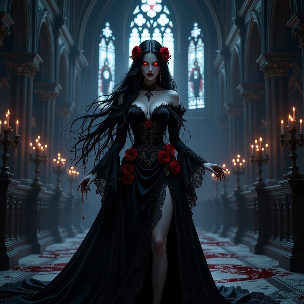 Gothic Vampire Goddess in Decaying Cathedral