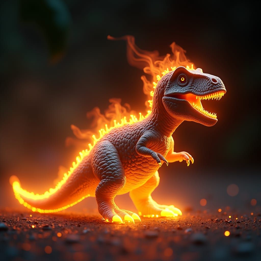 Fiery Baby Dinosaur Rex in Futuristic Style