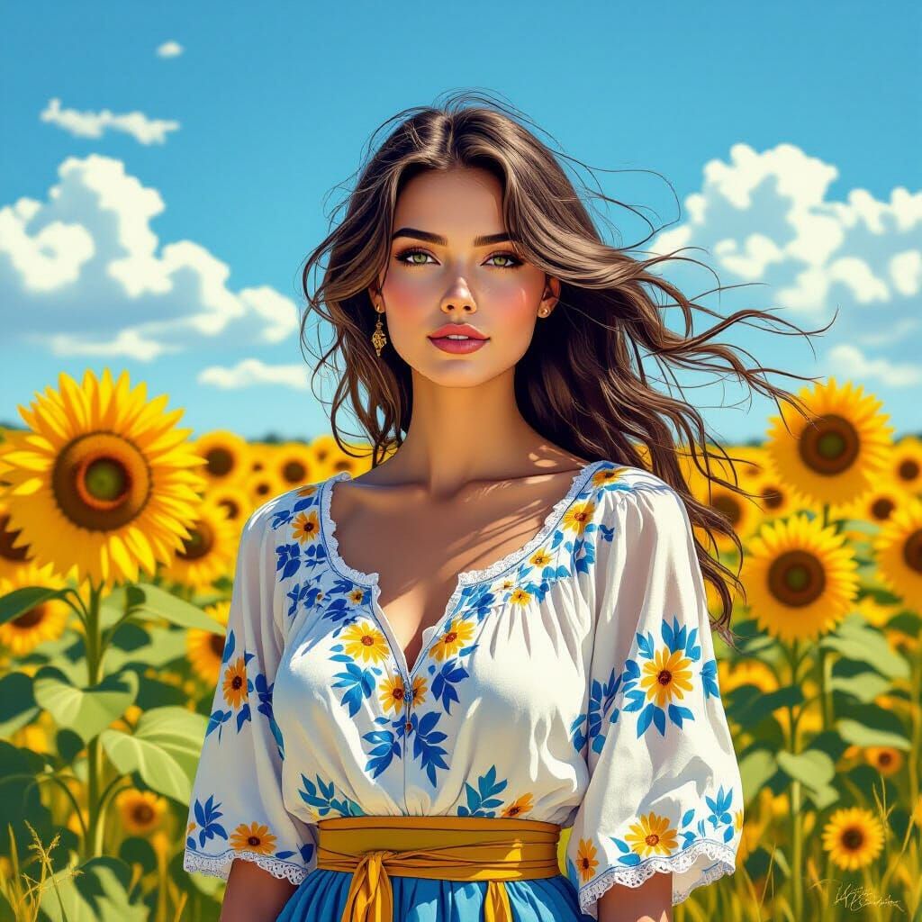 Ukrainian Woman in Sunflower Field, Hyperrealistic Style