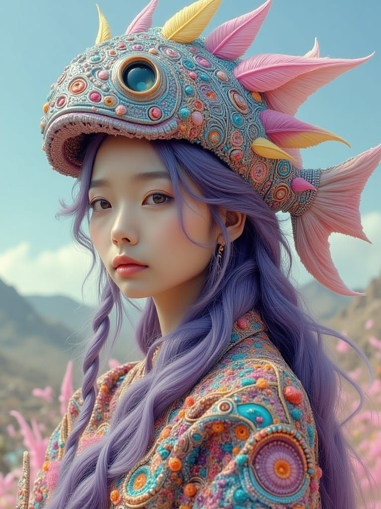 Hyperrealistic Woman in Fingerpunk Style Wearing a Crazy Fis...