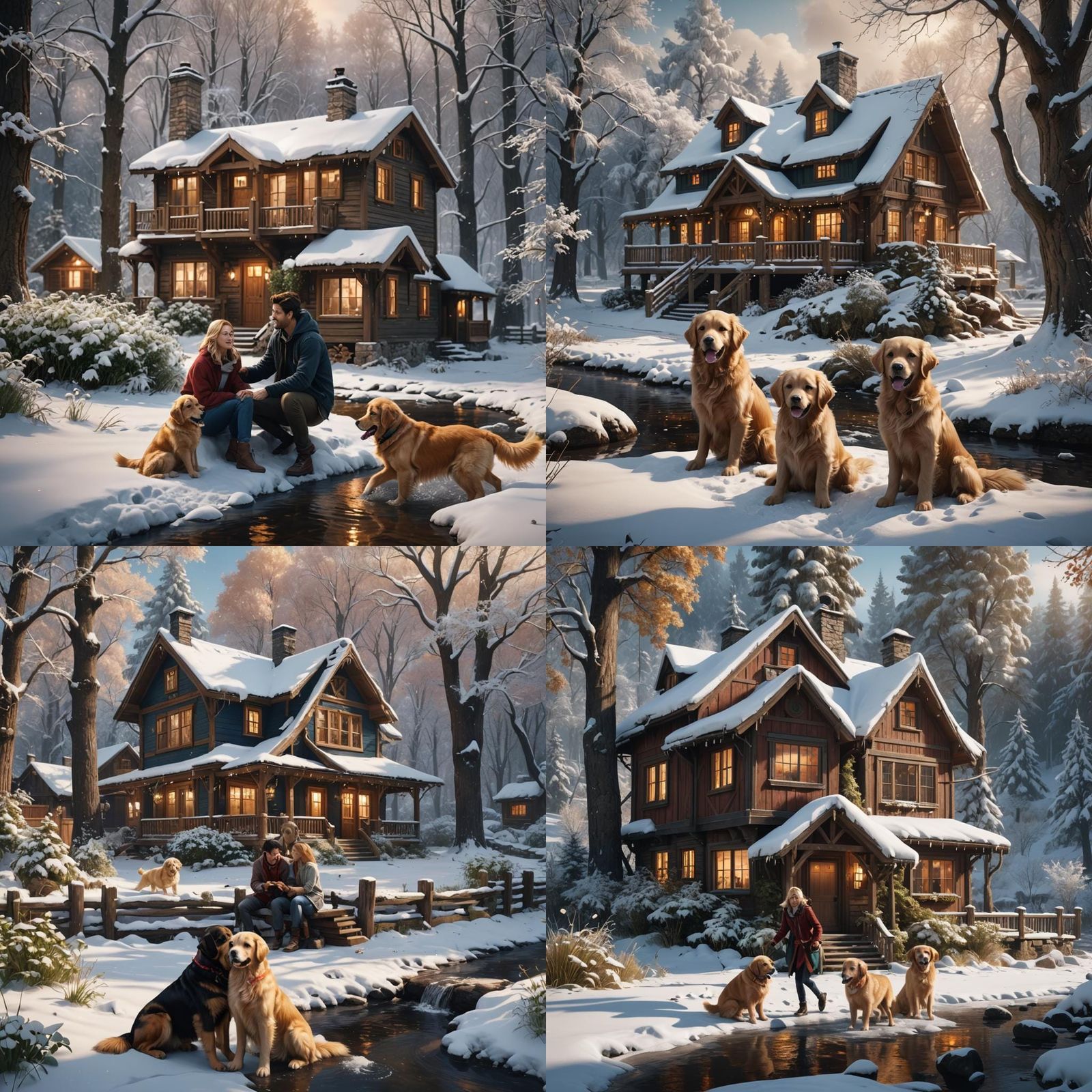 Cozy Winter Cabin Scene with Golden Retrievers