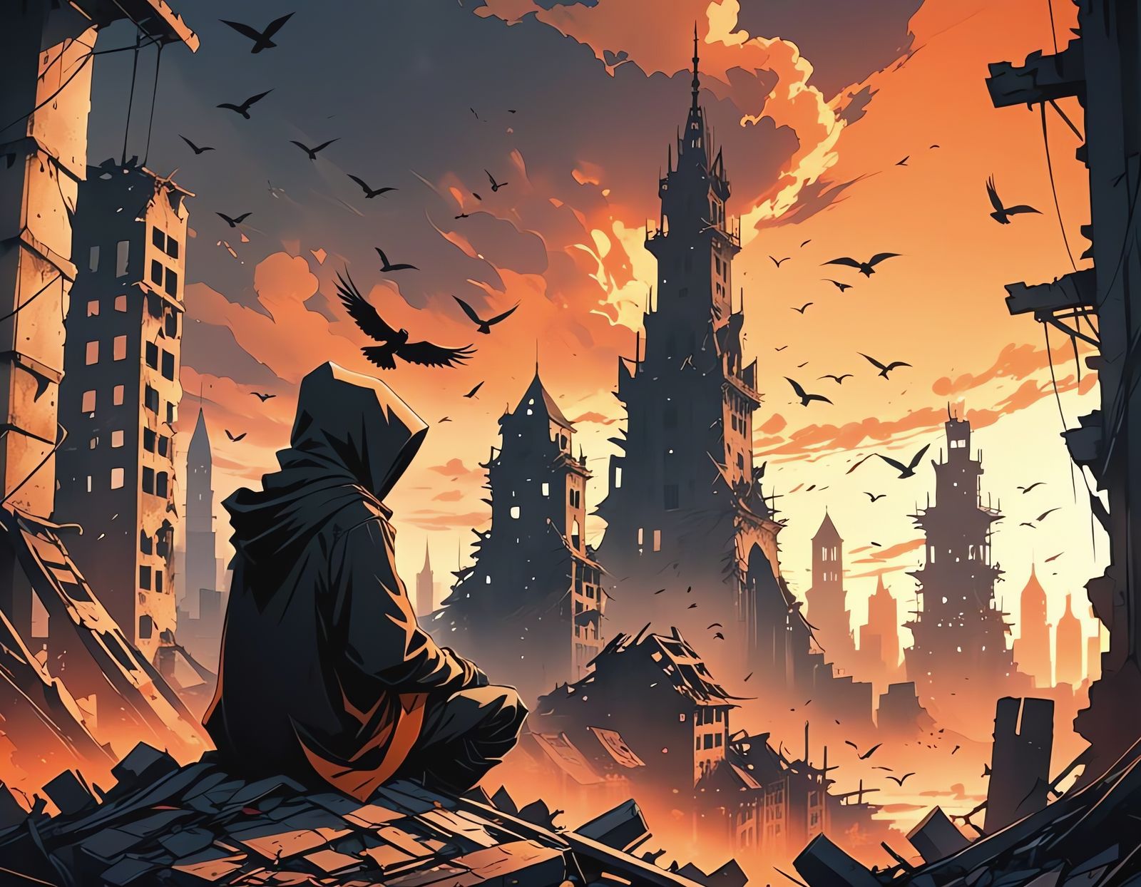 Post-Apocalyptic Figure Contemplates Ruined City: Manga Art