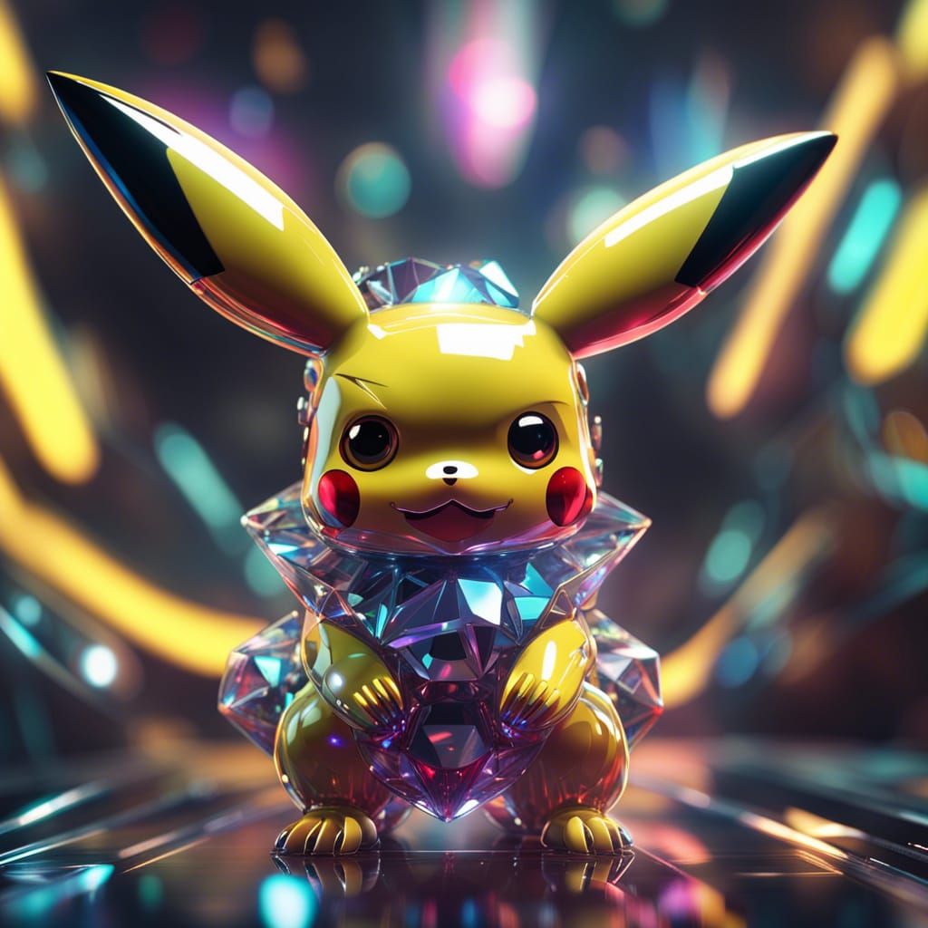 front shot of a trippycute pikachu!!!! LSD psykedelika character, polished, glossy, holographic crystals, bionic futuris...