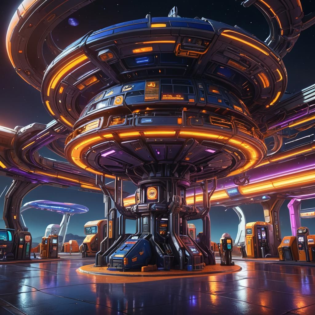 Futuristic Space Gas Station with Alien Spacecraft