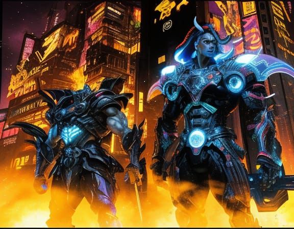 Cyberpunk Warrior in Manga Style Cityscape