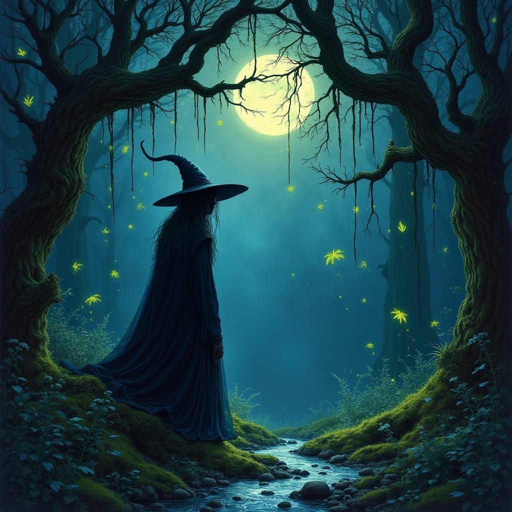 Enchanting Witch in Moonlit Grove, Surrealist Style