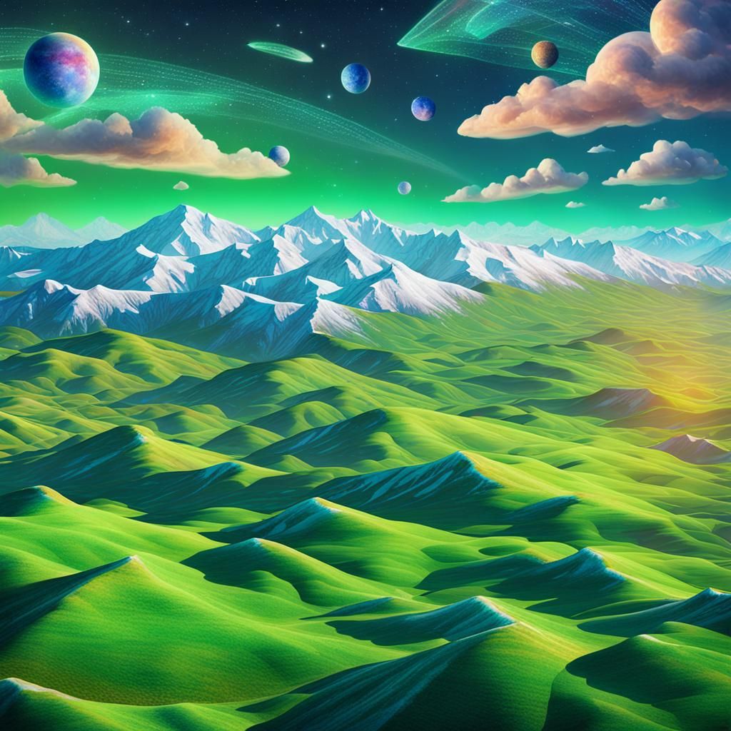 Green Hills and Snowy Peaks: Astral Cosmic Illustration