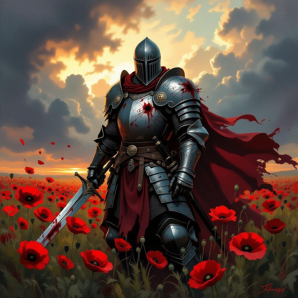 Knight in Blood Amidst Poppies Under Stormy Sky