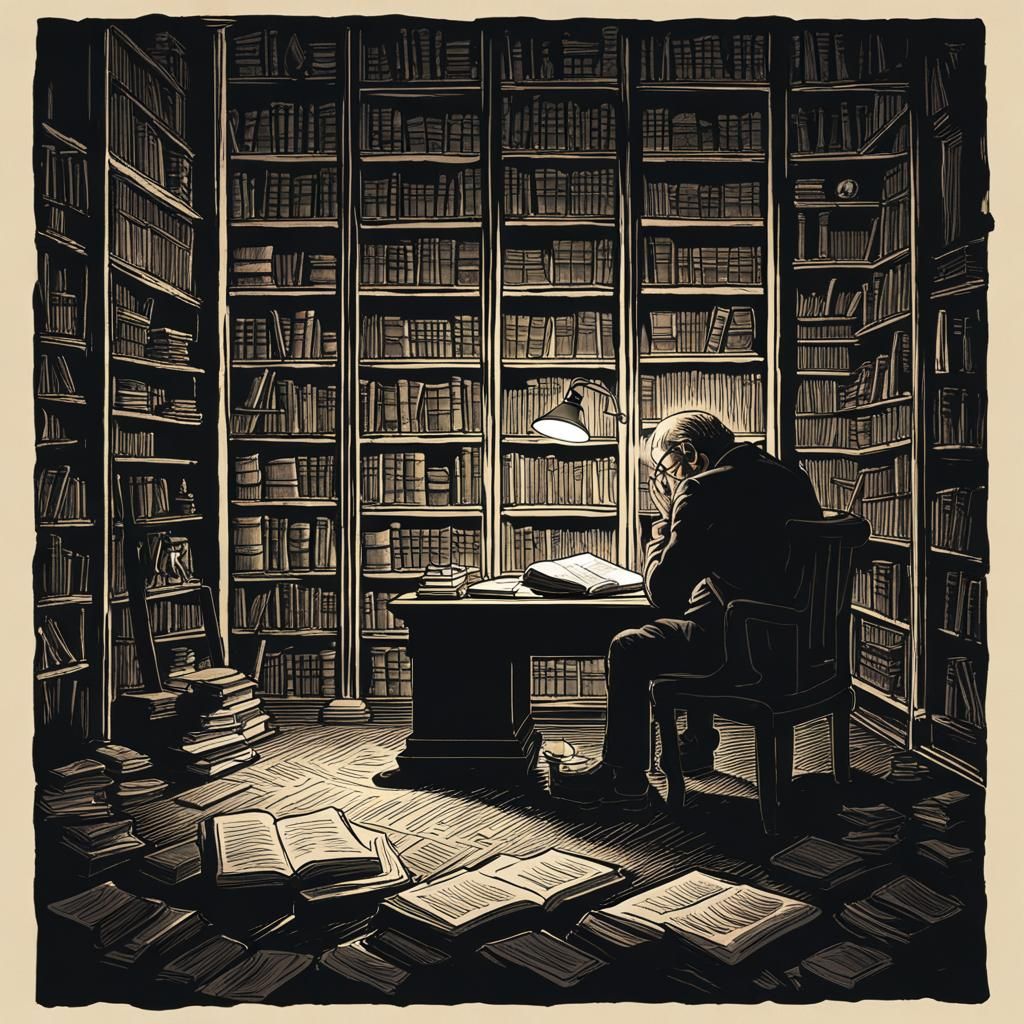 Contemplative Figure in Dimly Lit Study: Digital Art