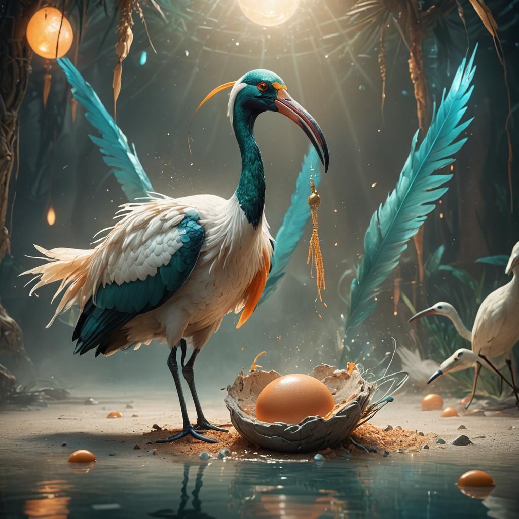 Ibis Thoth Lays a Glowing Egg: Hyperrealistic Concept Art