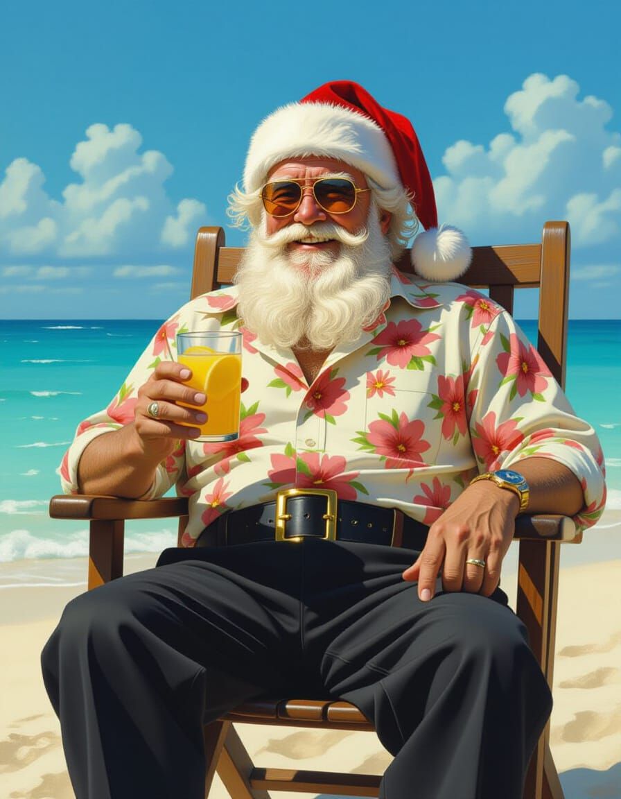Santa Claus Relaxing on Tropical Beach in Oil Paint Style