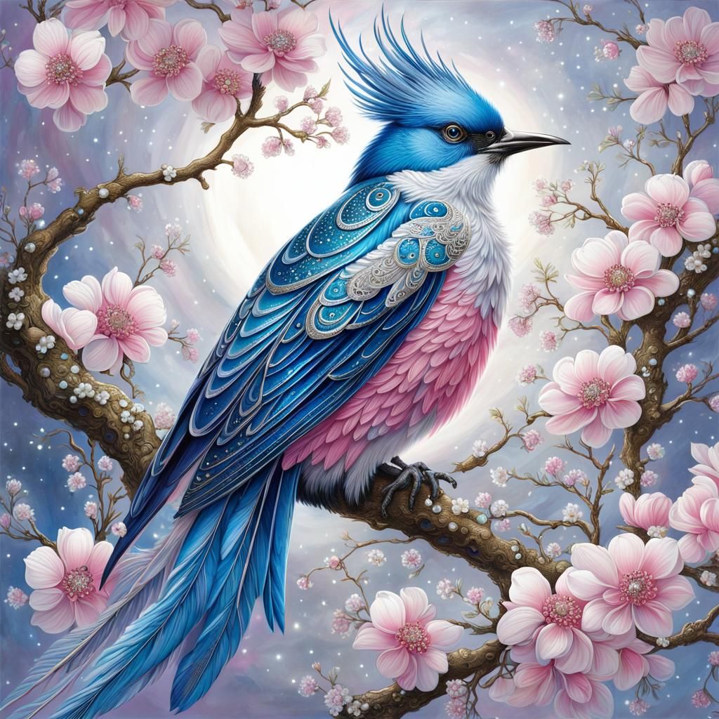 Magical Bird with Silver Filigree and Blossoms