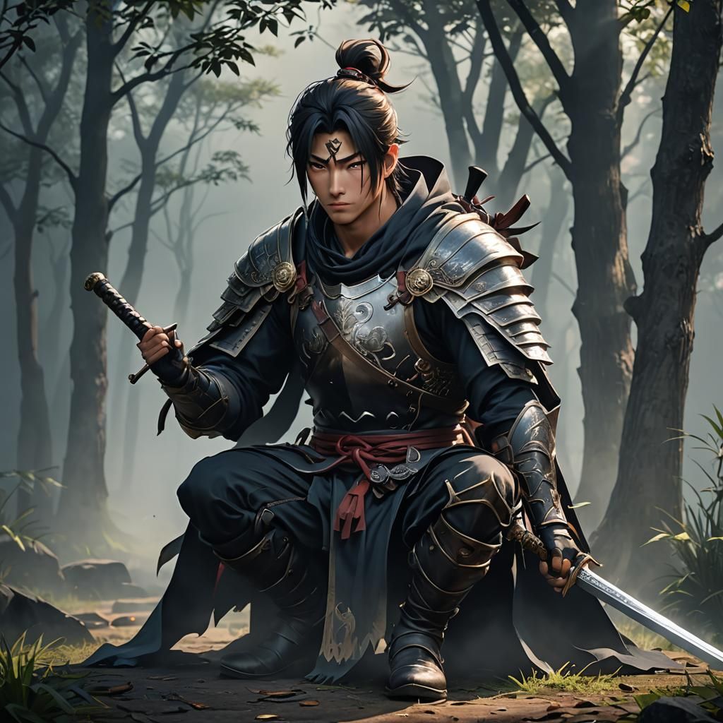 Grinning Warrior in Shadows: 3D Anime Art