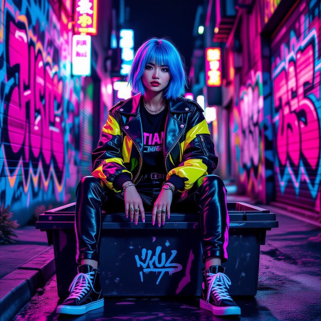 Neon Alleyway Portrait in Cyberpunk Style