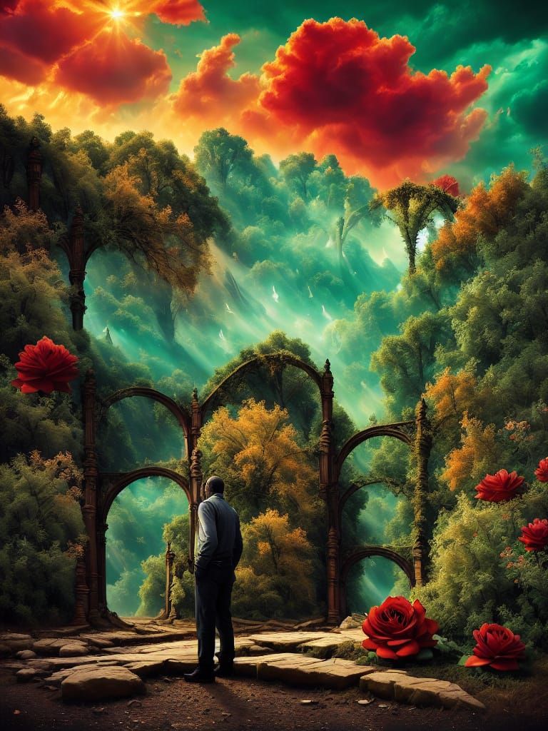 Afro-Futuristic Man Walks to Golden Door as Impasto Painting