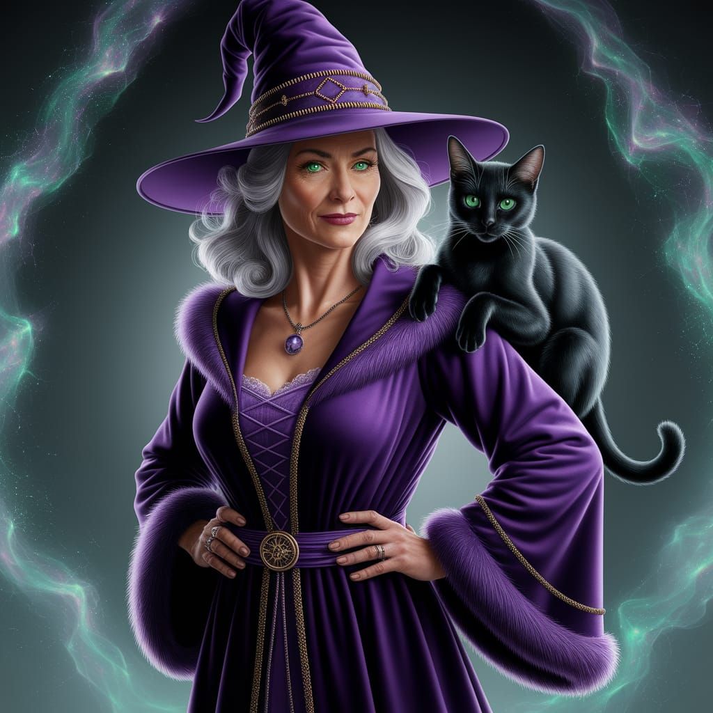 Mystical Witch Woman in Velvet Robe with Enchanted Feline Co...