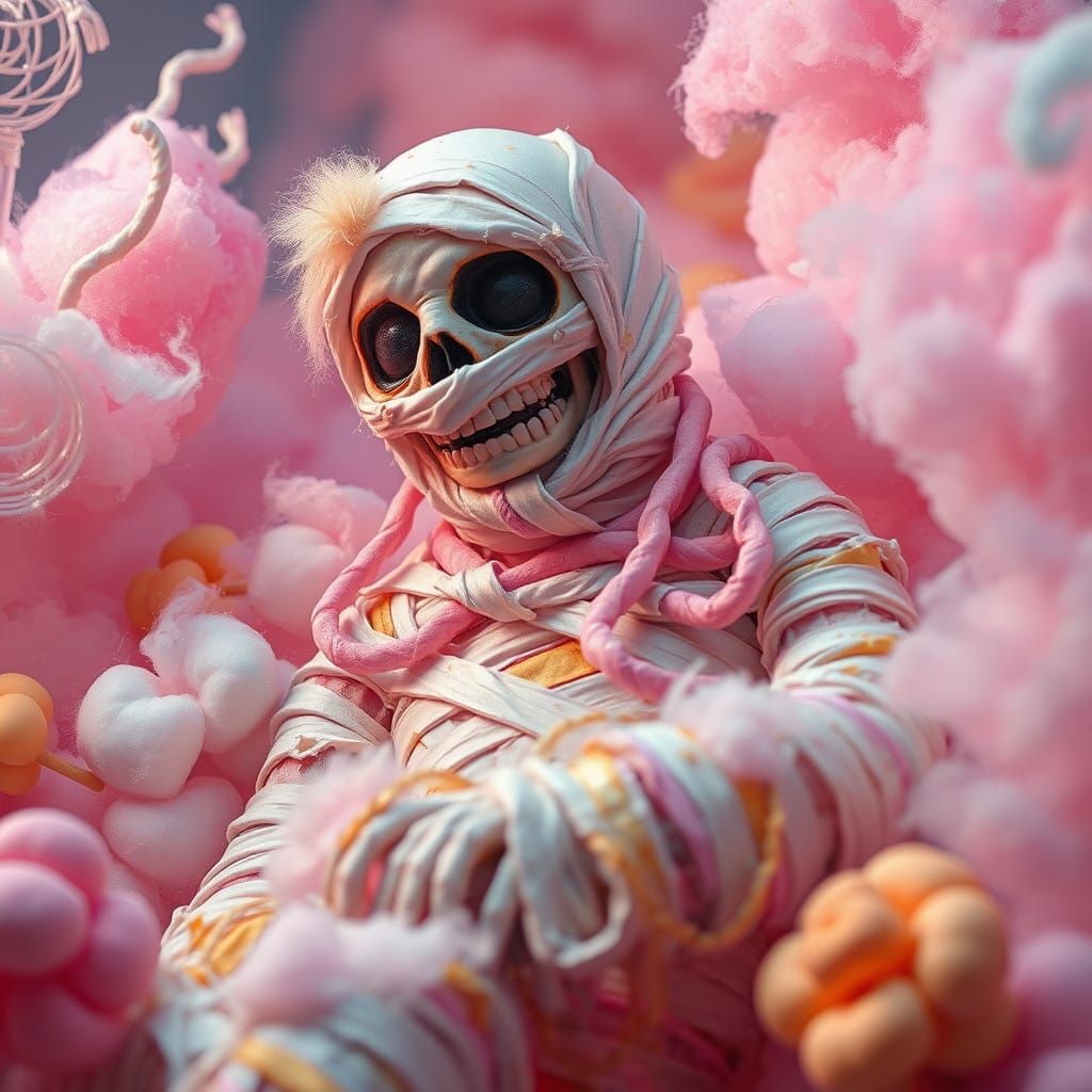 Ethereal Mummy in Whimsical Cotton Candy Realm