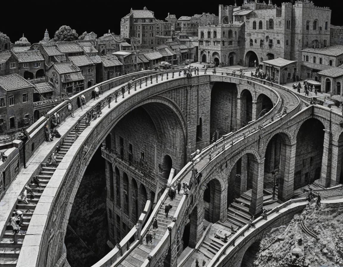 Escher-Inspired Labyrinthine Landscape with Socialist Realis...