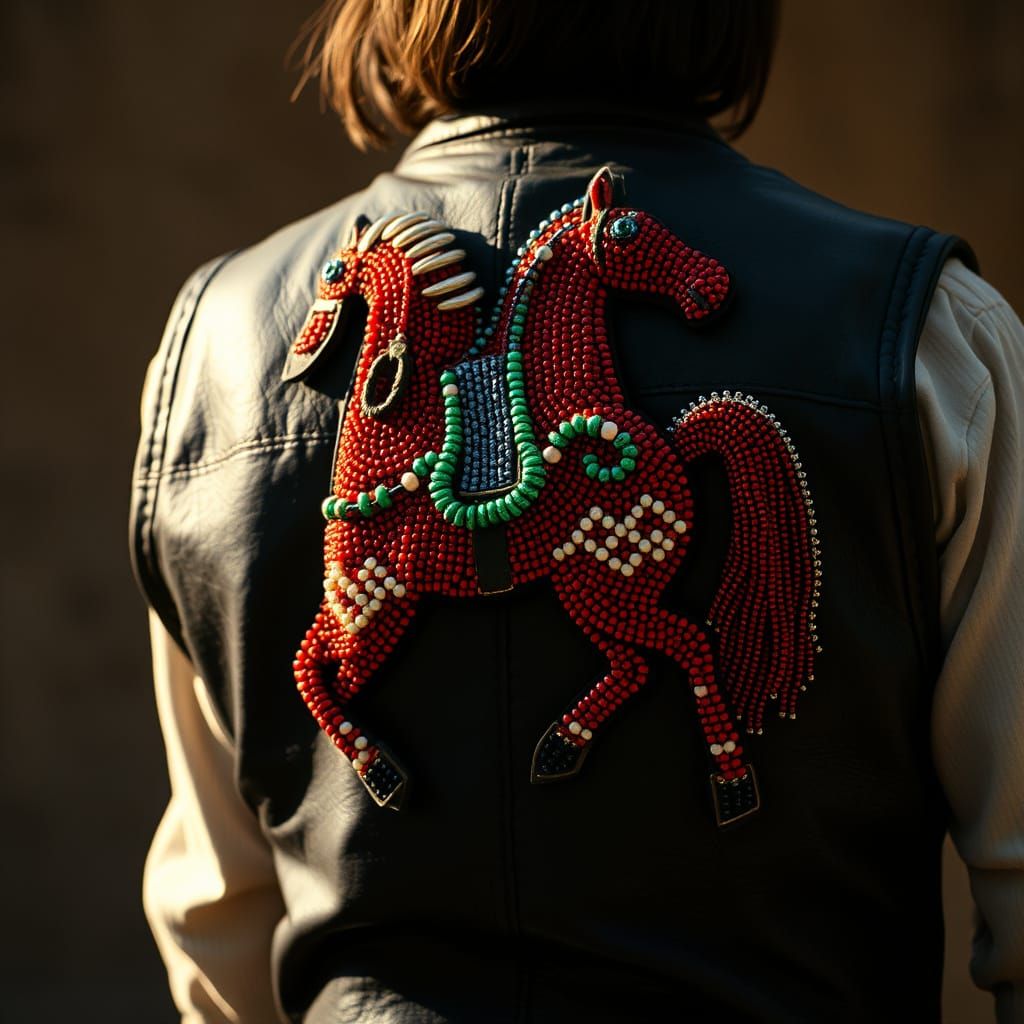 Beaded Horse and Rider on Leather Vest