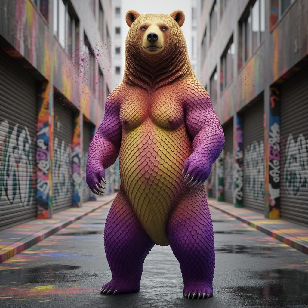Colossal Scaled Bear in Graffiti Art Style