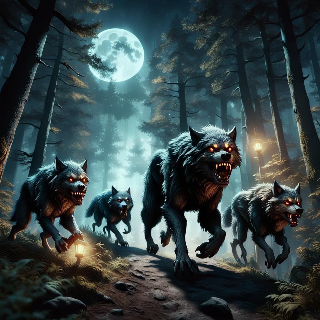 Werewolf Pack Runs Through Mystical Forest