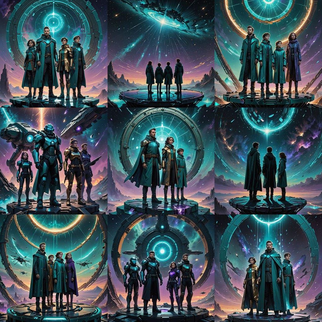 Family Gazes Upon Shattered Ringworld in Sci-Fi Painting