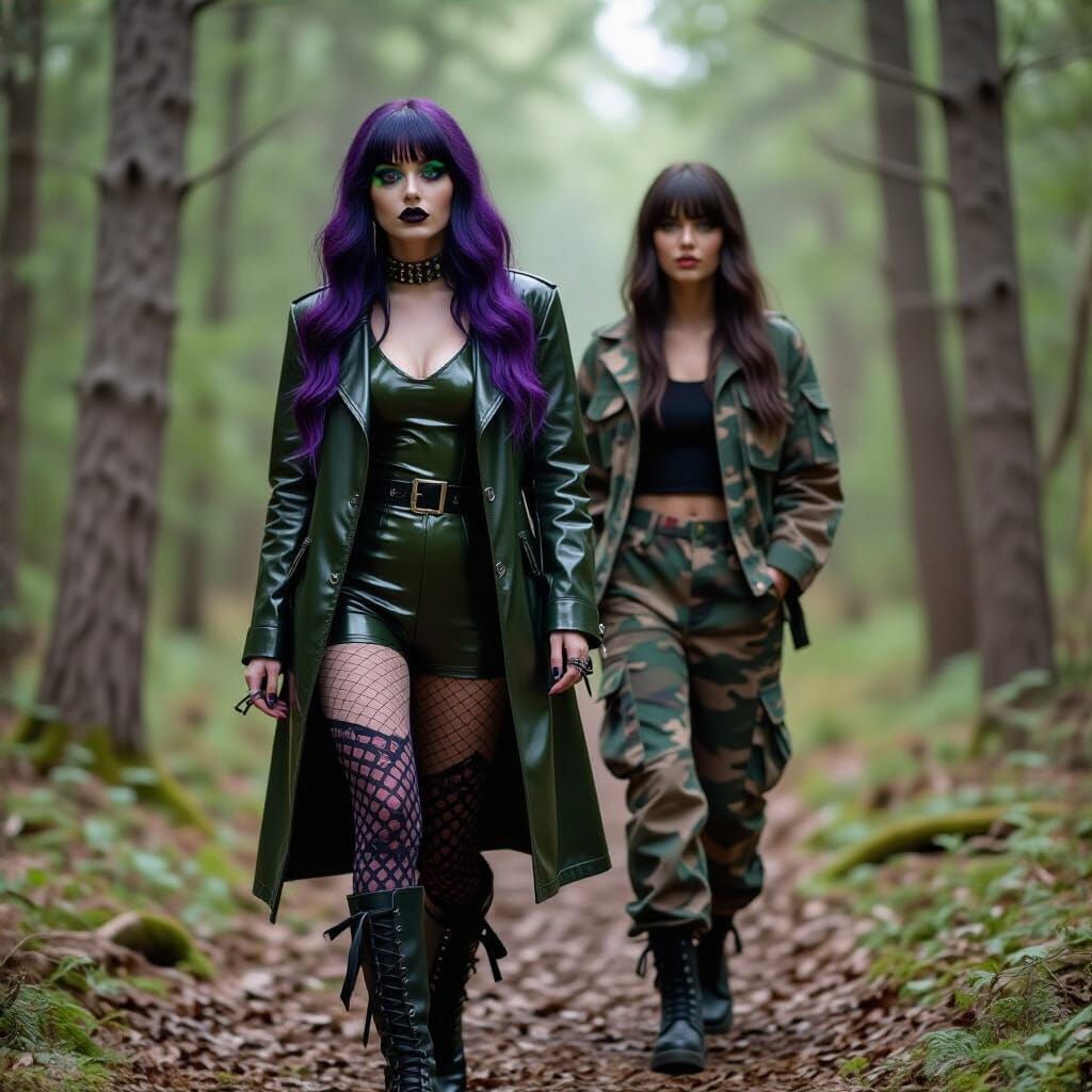 Goth and Camo Women Explore Woods in Detailed Photography