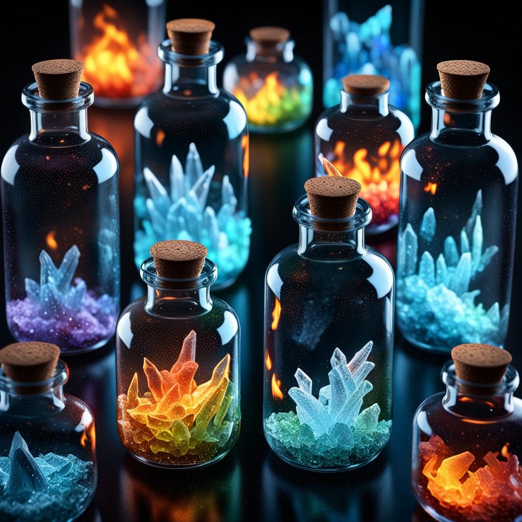 Ethereal Glass Bottles Containing Elemental Forces in Dramat...