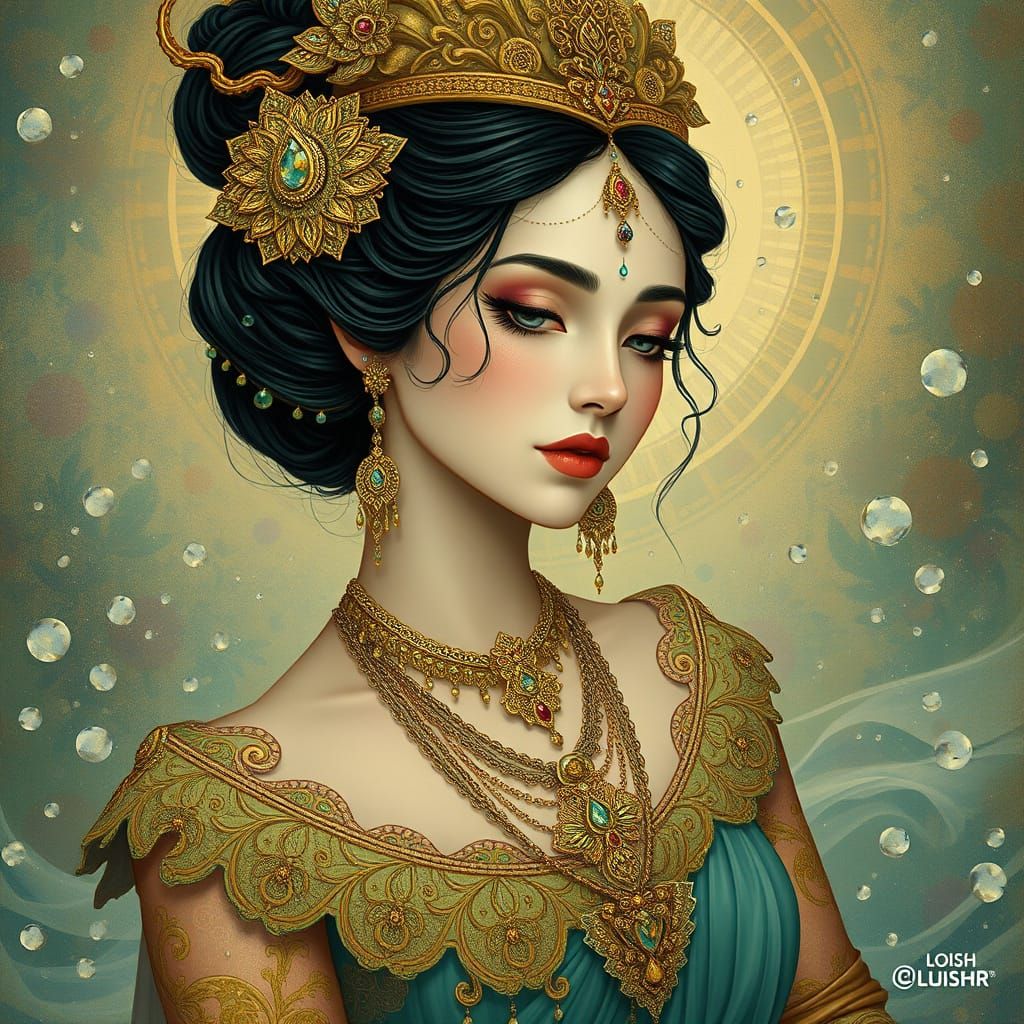Apsara Woman with Water Droplets in Art Nouveau Style