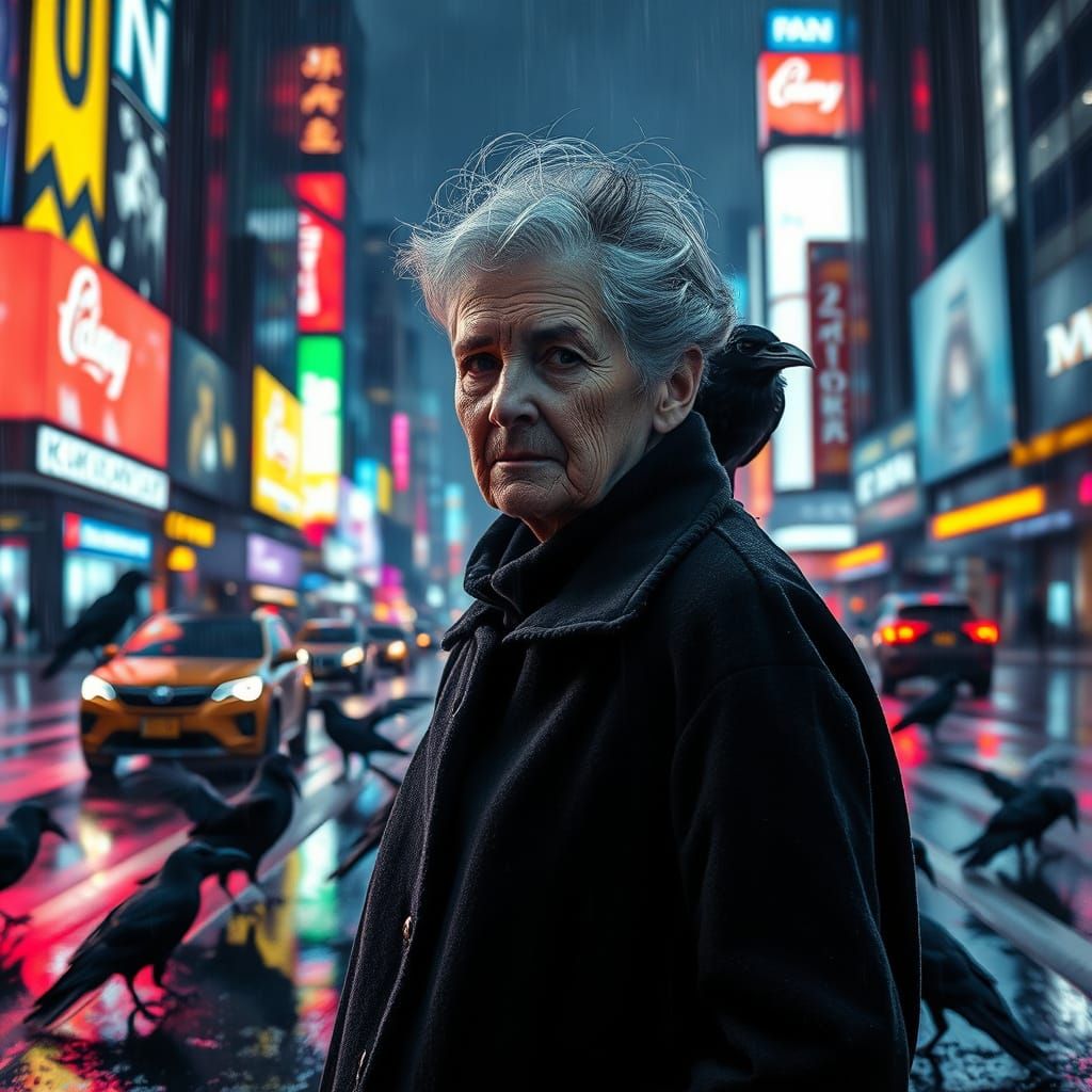 Elderly Woman Surrounded by Crows in a Neon-Lit Metropolis