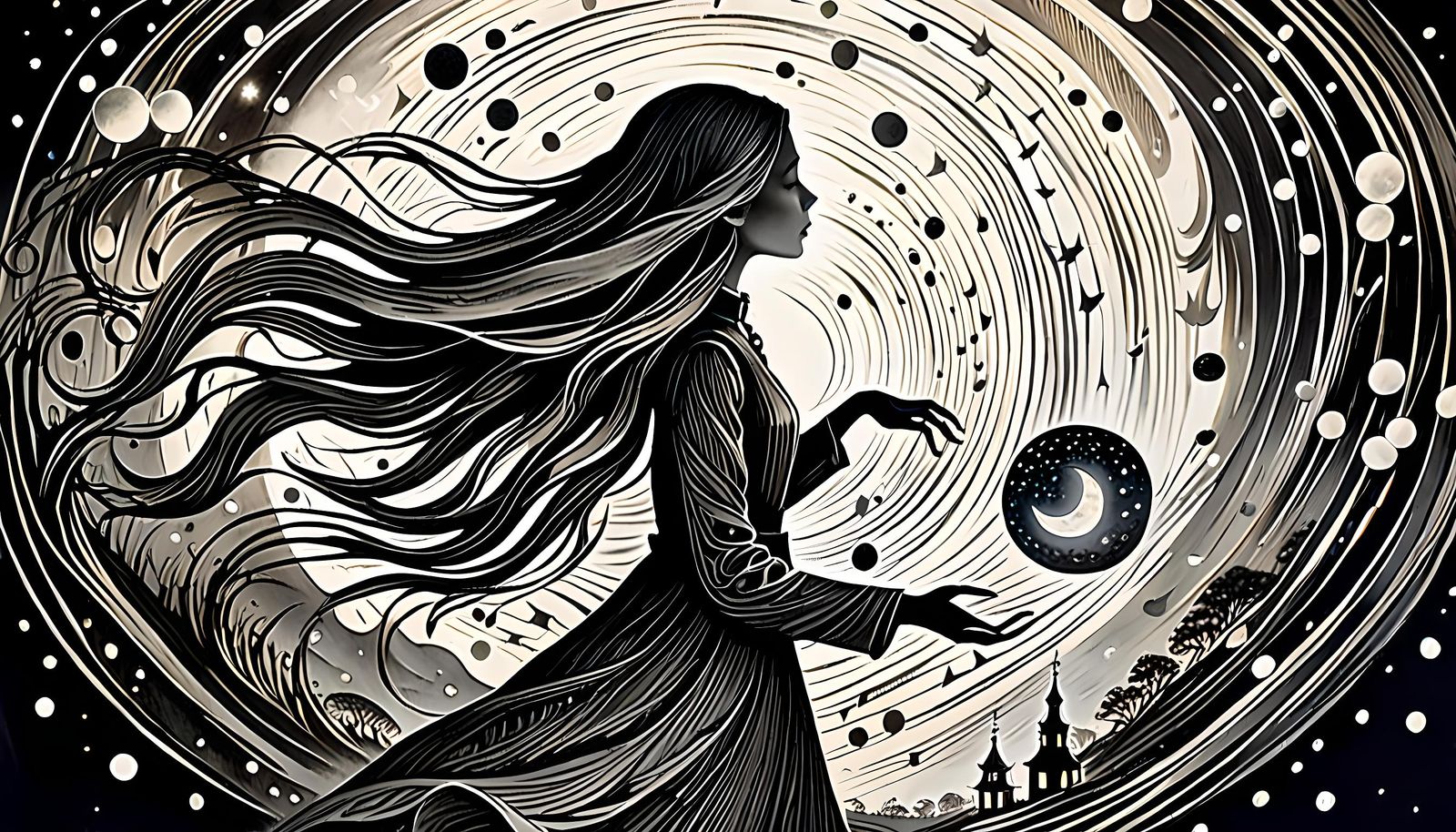 Ethereal Moonlit Night in Charcoal and Ink