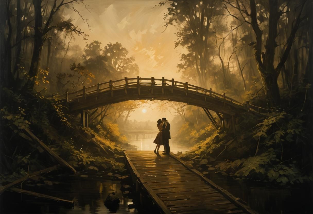 Noir Romance: Kiss on a Bridge at Night