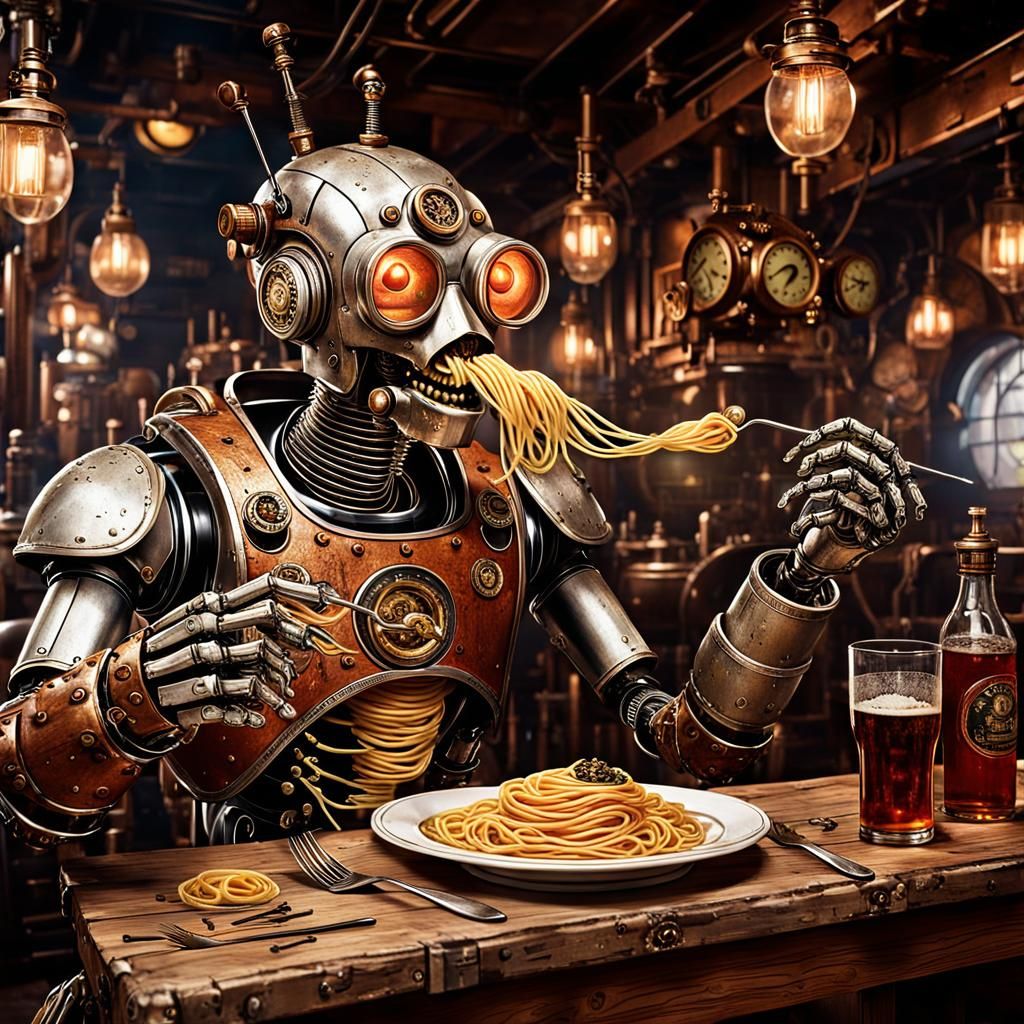 Steampunk Robot Enjoys Spaghetti in Tavern