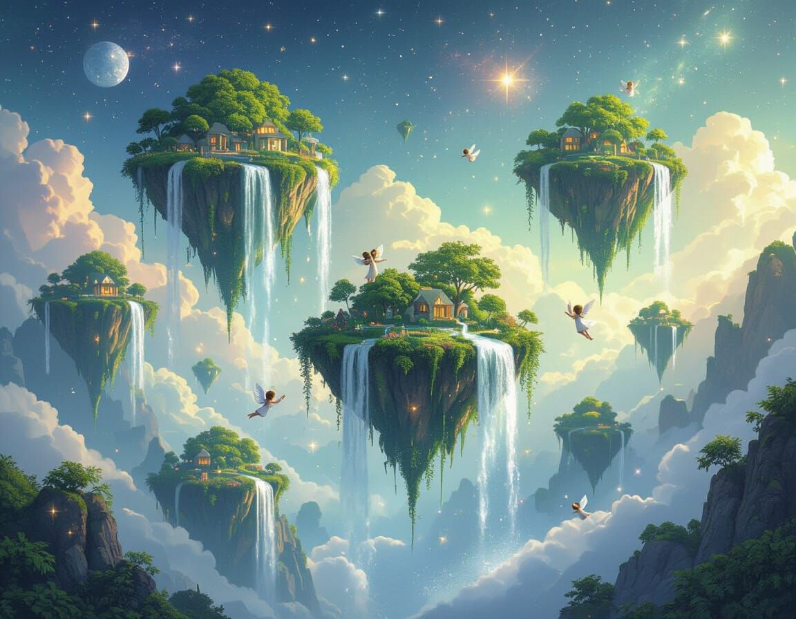 Floating Islands with Waterfalls in Dreamy Digital Art