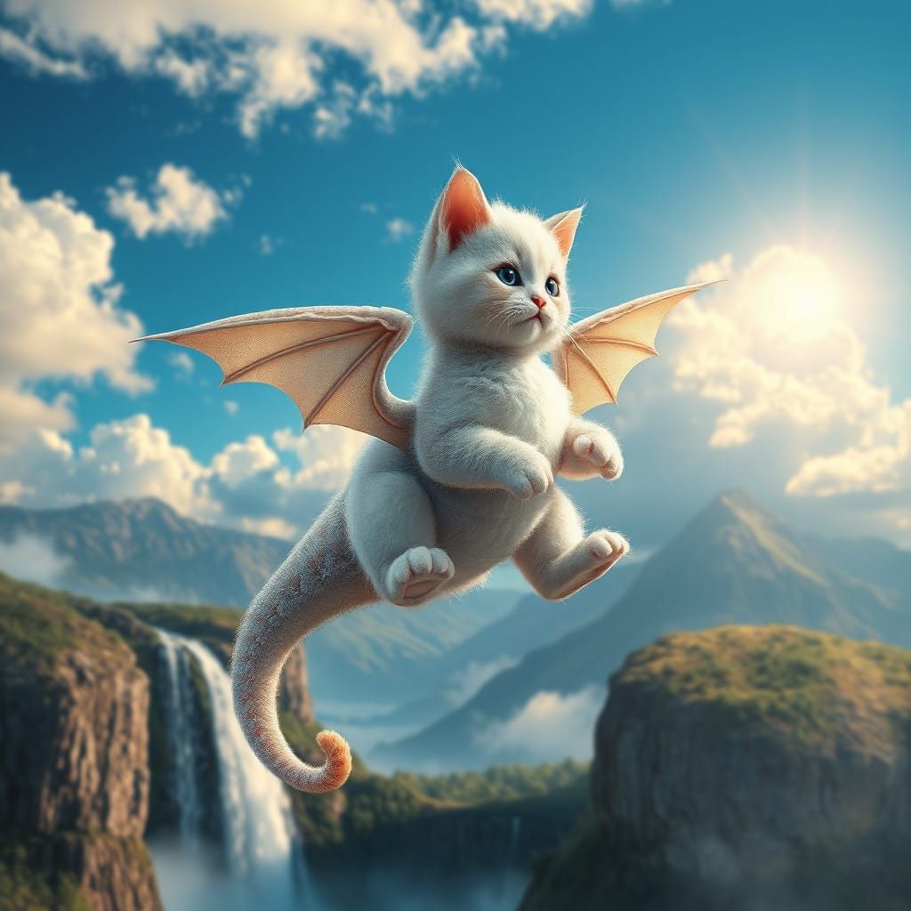 A fluffy kitten dragon loves flying in the sky at sunny day