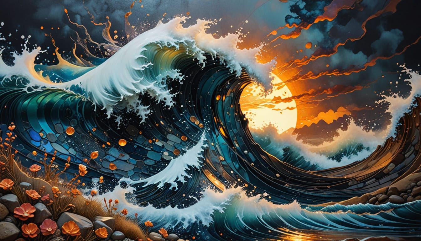 Dreamlike Ocean Sunset with Kintsugi Mosaic and Impasto Text...