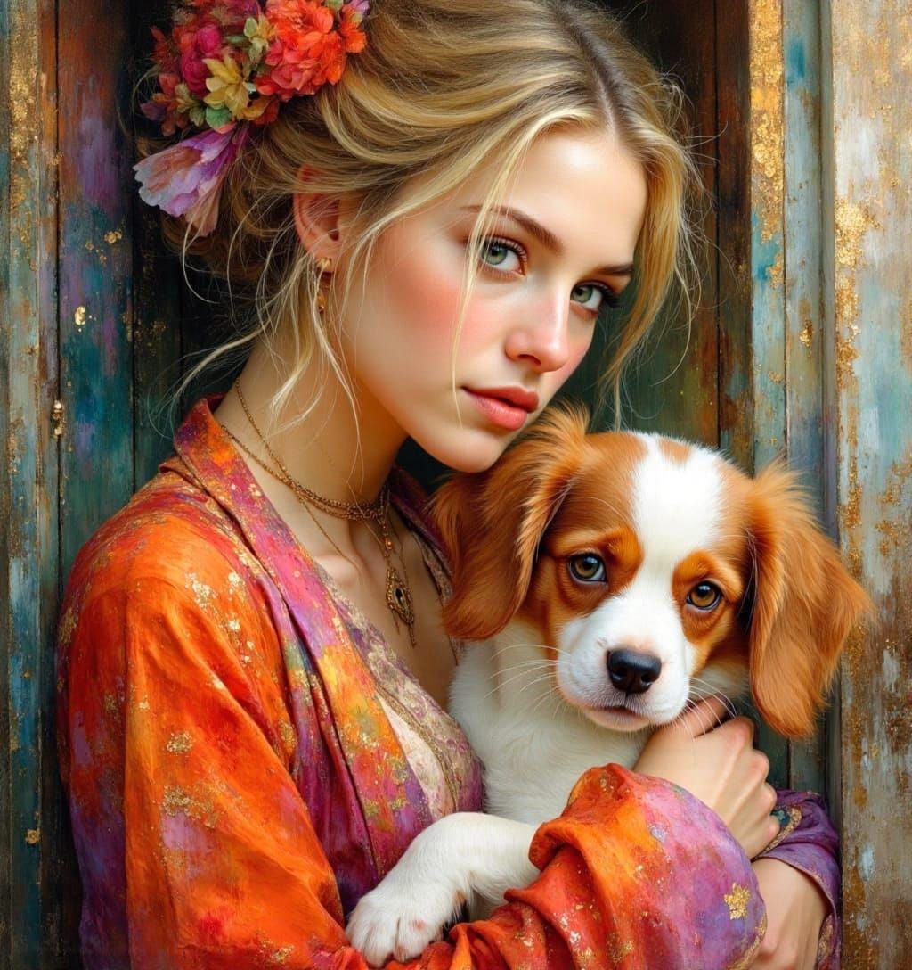 Gypsy Woman with Puppy in Dreamy Pastel Painting