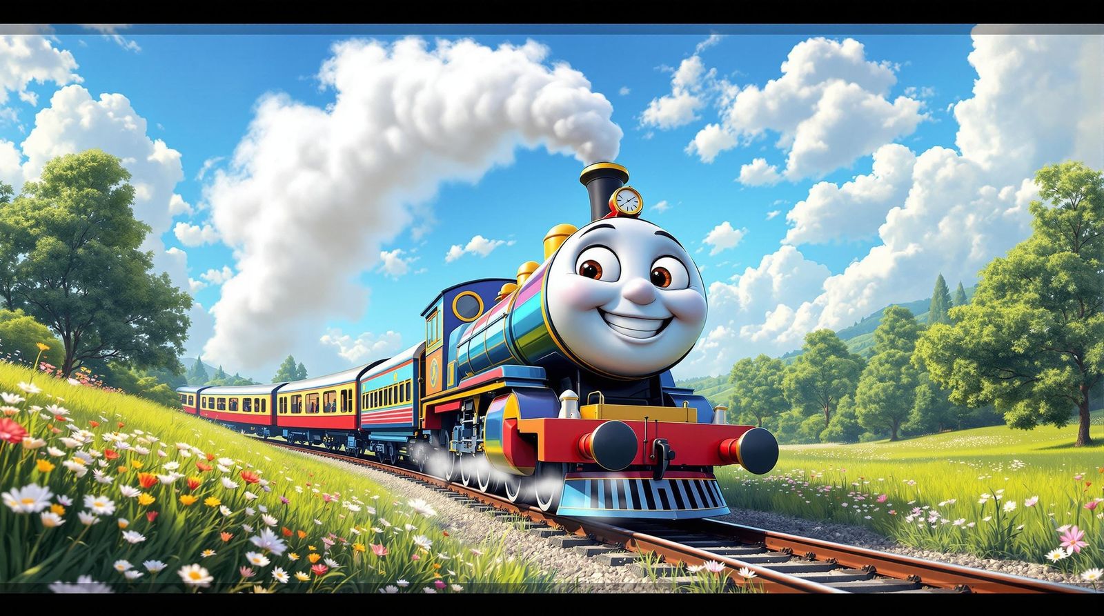 Cheerful Train Radiates Joy on a Sunny Day