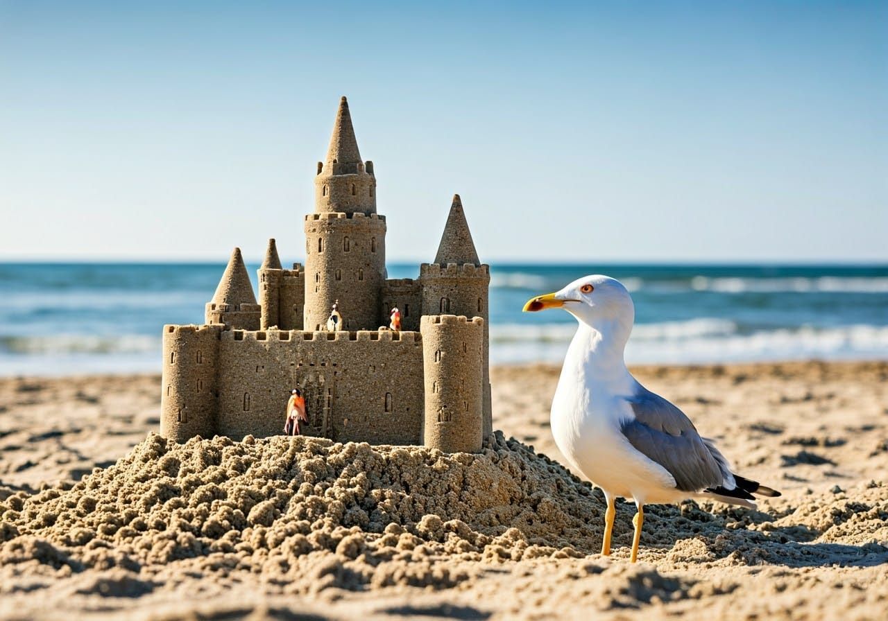 Seagull and Medieval Sandcastle Fortress in Macro