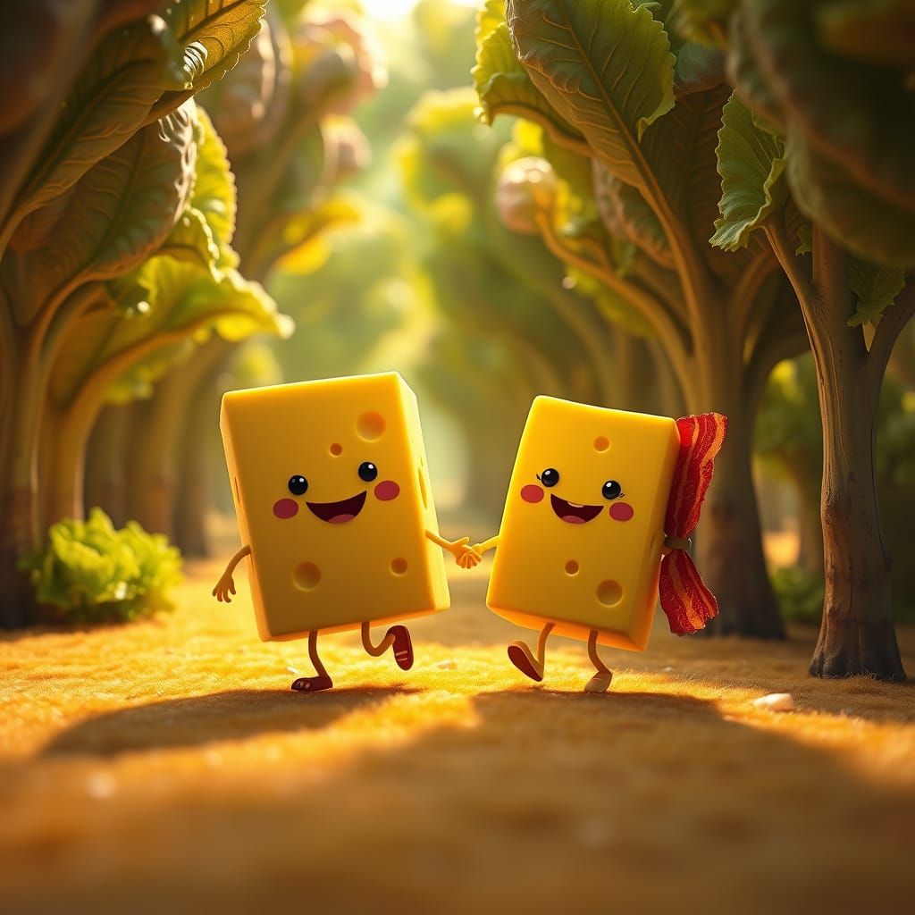 Whimsical Cheese and Bacon Duo Stroll through a Lush Breadbu...