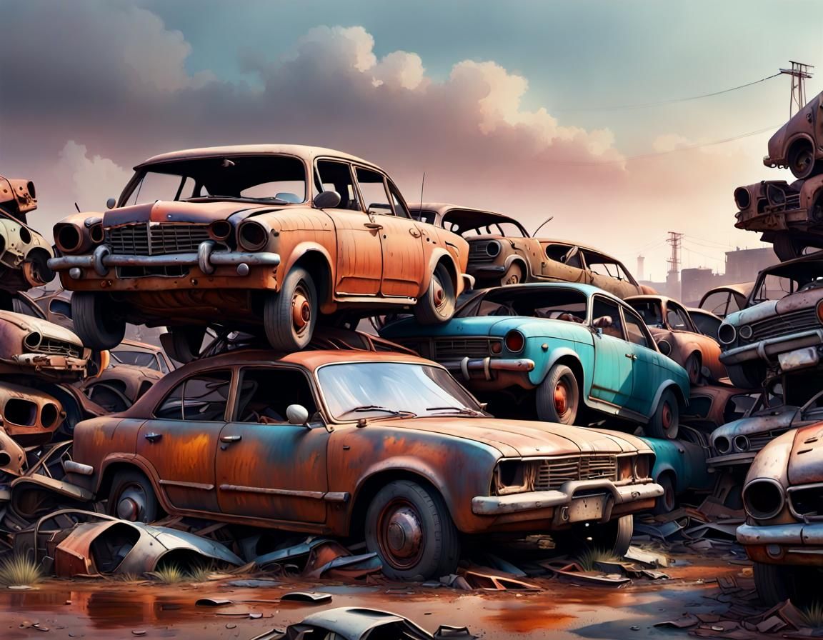 Hyperrealistic Watercolor Car Scrapyard in 8K