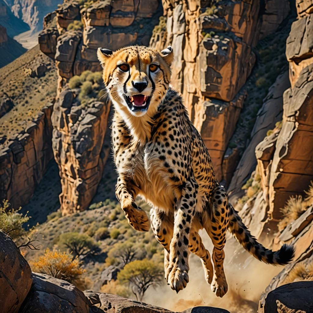 Cheetah Leaping Gorge: Dynamic Wildlife Oil Painting