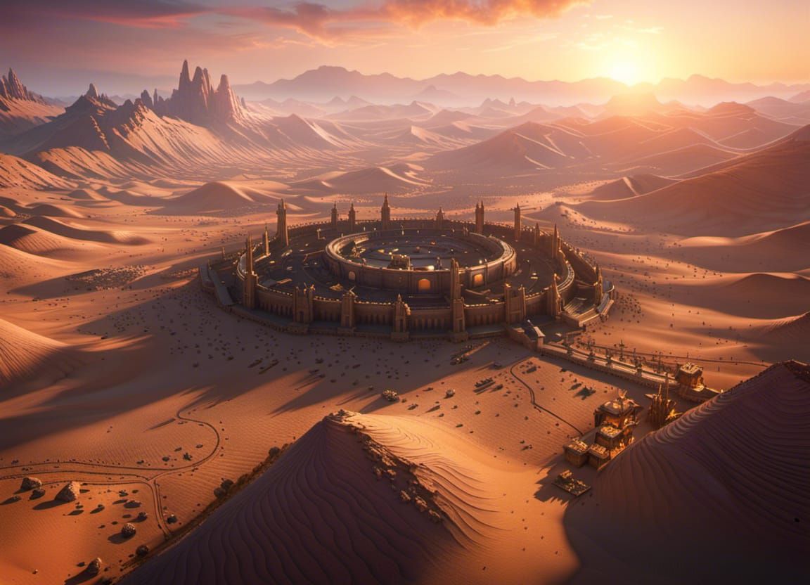 Desert Settlements at Sunset: Art Nouveau Style