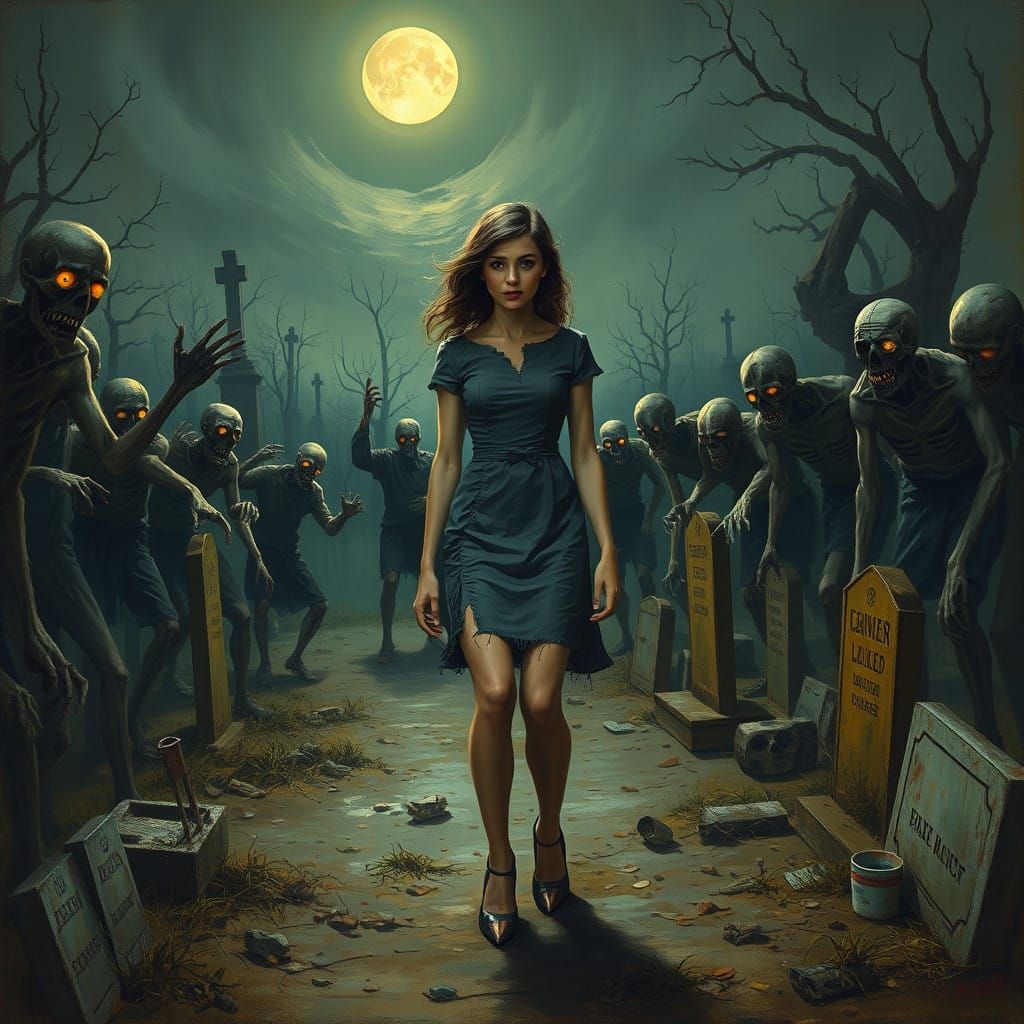 Frozen in Horror: Moonlit Cemetery Scene in Atmospheric Oil....