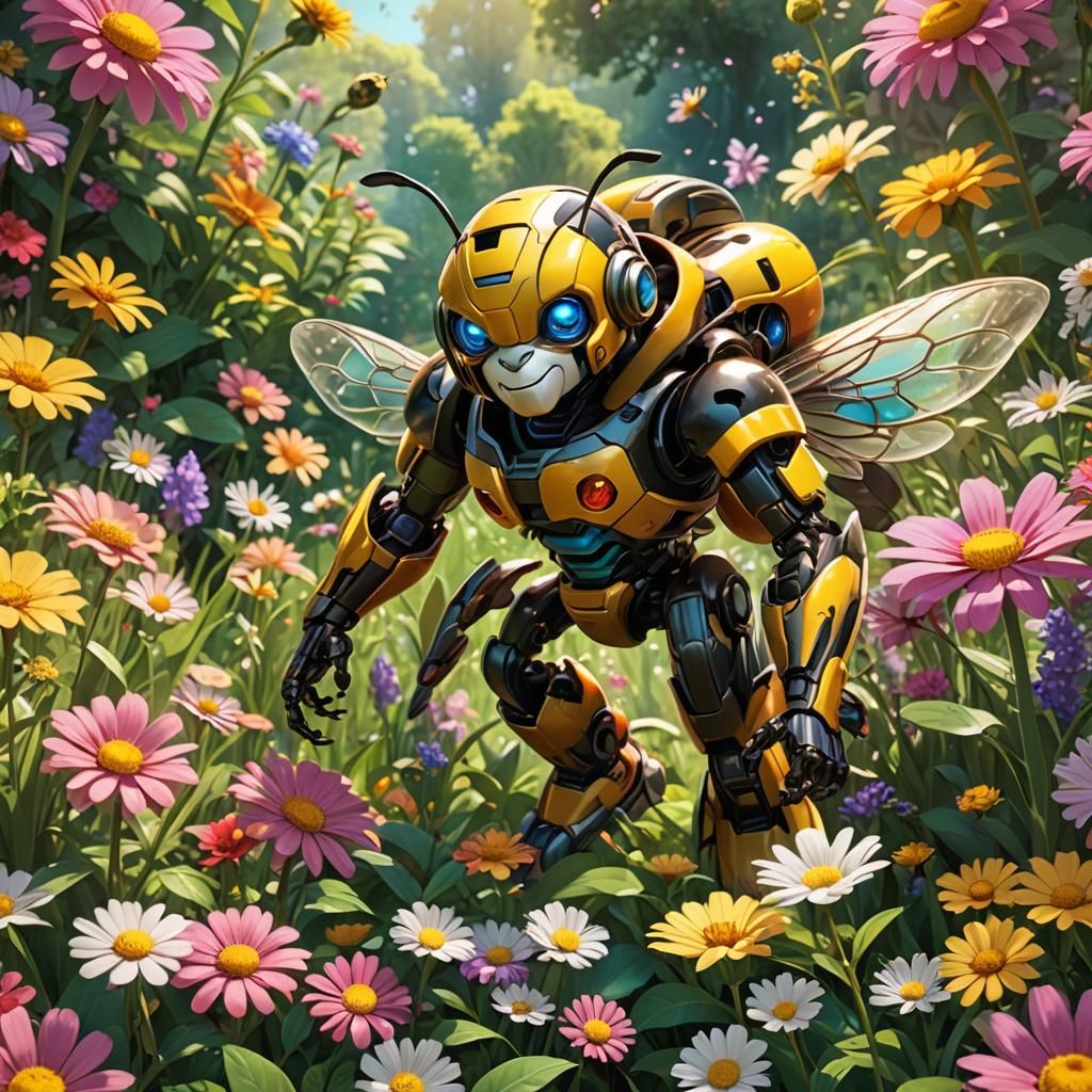 Cartoon Bumblebee in Anime Style Buzzing in Garden